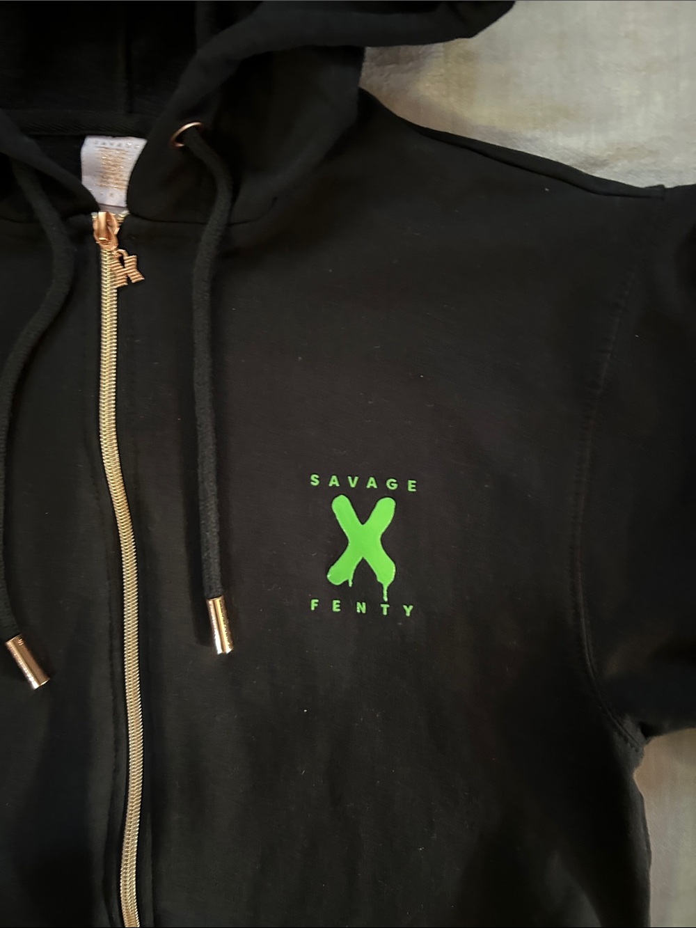 Savage X Fenty Forever Zip-Up Hooded Onesie with Neon Green Graphics - Picture 3 of 9
